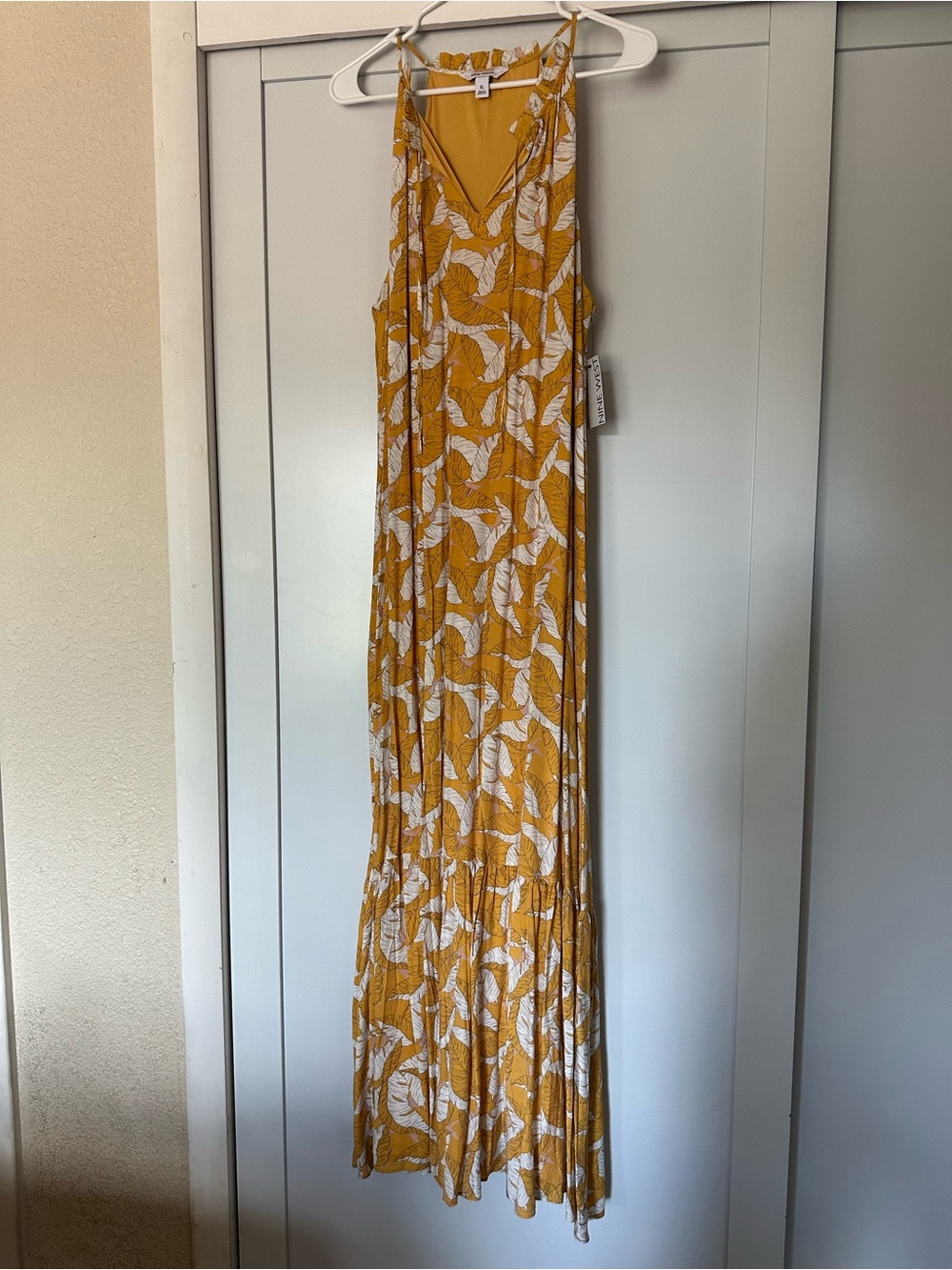 Nine West Mustard Yellow Maxi Dress with White Leaf Print